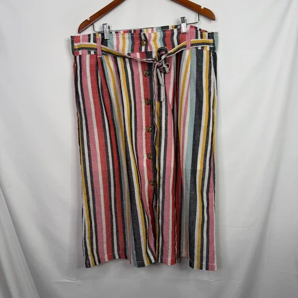 Dash Women XL Multi Color Striped Linen Blend Button Front Tie Waist Midi Skirt - Picture 2 of 8